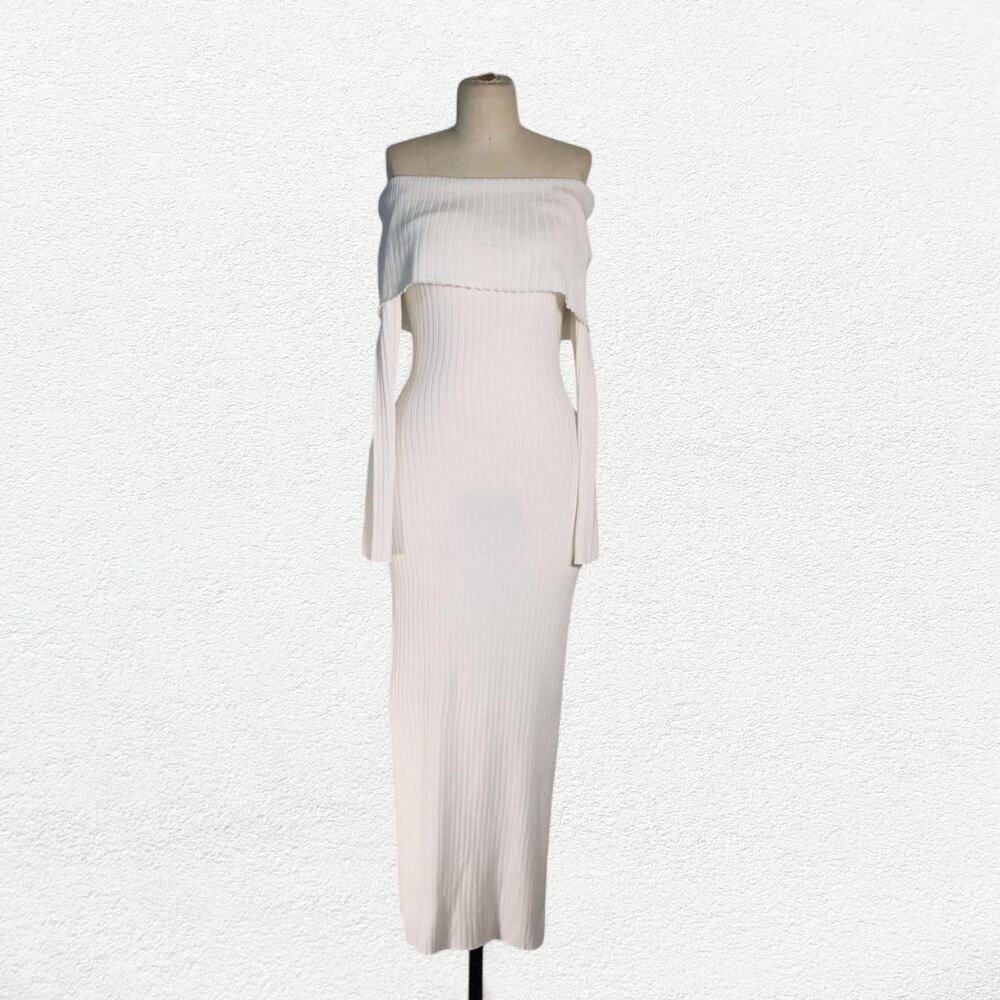Fashion Nova Marina Off the Shoulder Ribbed Knit Sweater Maxi Dress in White